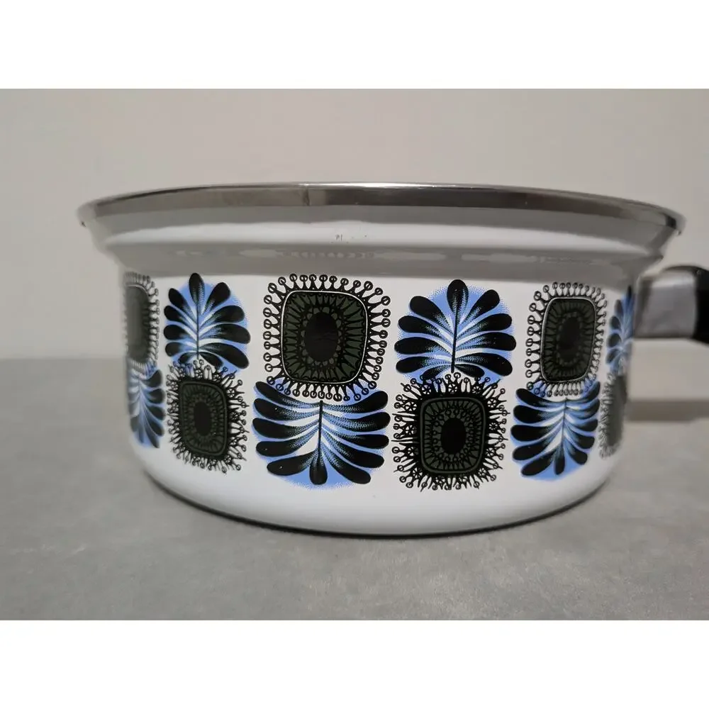 Vintage Austria Email Enamel Saucepan MCM Blue Green Peacock Universal Pot 1970s